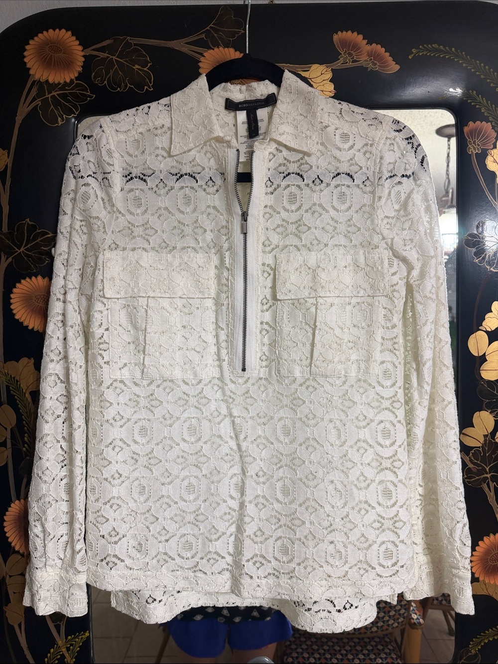 BCBGMaxAzria White Lace Zip-Pull Long-Sleeve Top